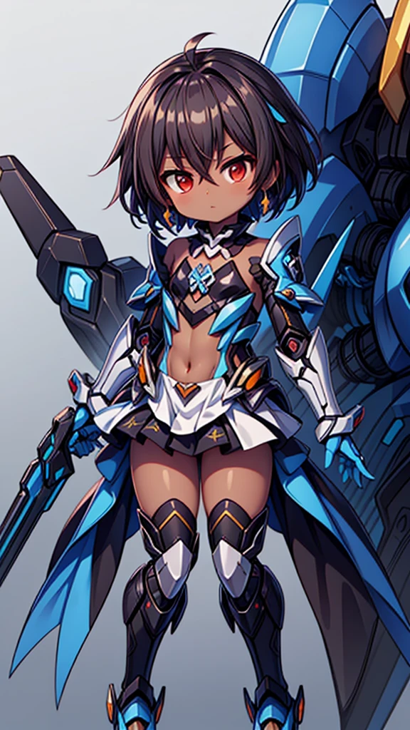 (((dark skin tone))),dark skin male, femboy, dark skin, cute shota,red eyes, ((blue mecha hairpin)), dark brown hair medium hair,wearing a black exoskeleton, blue gauntlet's, honkai impact herrscher of reason, full armour mecha_musame, orange gem on chest, fullbody close-up 