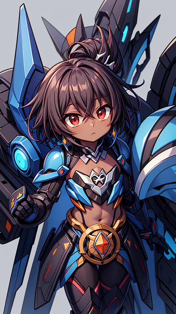 (((dark skin tone))),dark skin male, femboy, dark skin, cute shota,red eyes, ((blue mecha hairpin)), dark brown hair medium hair,wearing a black exoskeleton, blue gauntlet's, honkai impact herrscher of reason, full armour mecha_musame, orange gem on chest, fullbody close-up 