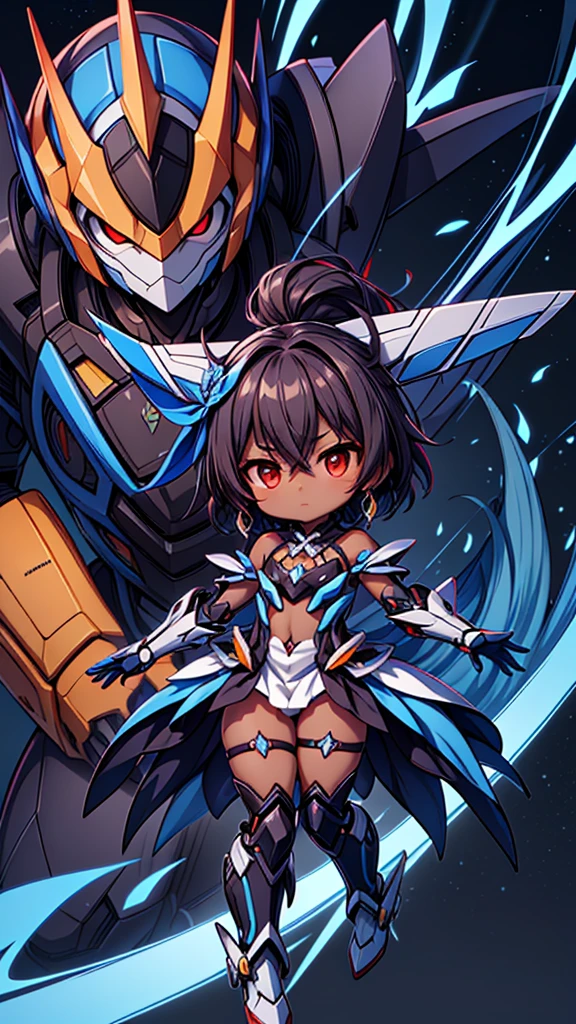 (((dark skin tone))),dark skin male, femboy, dark skin, cute shota,red eyes, ((blue mecha hairpin)), dark brown hair medium hair,wearing a black exoskeleton, blue gauntlet's, honkai impact herrscher of reason, full armour mecha_musame, orange gem on chest, fullbody close-up 