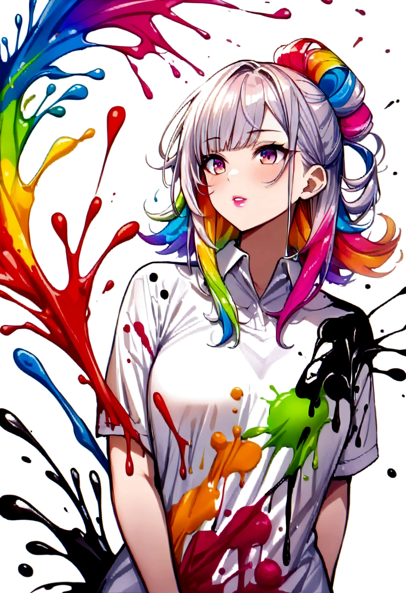 (masterpiece, Highest quality, High resolution), White Background, ((Paint splashes, Color Splash, Ink splash, Color Splash)), Kind Chinese girl, Rainbow Hair, Pink Lips, front, Upper Body