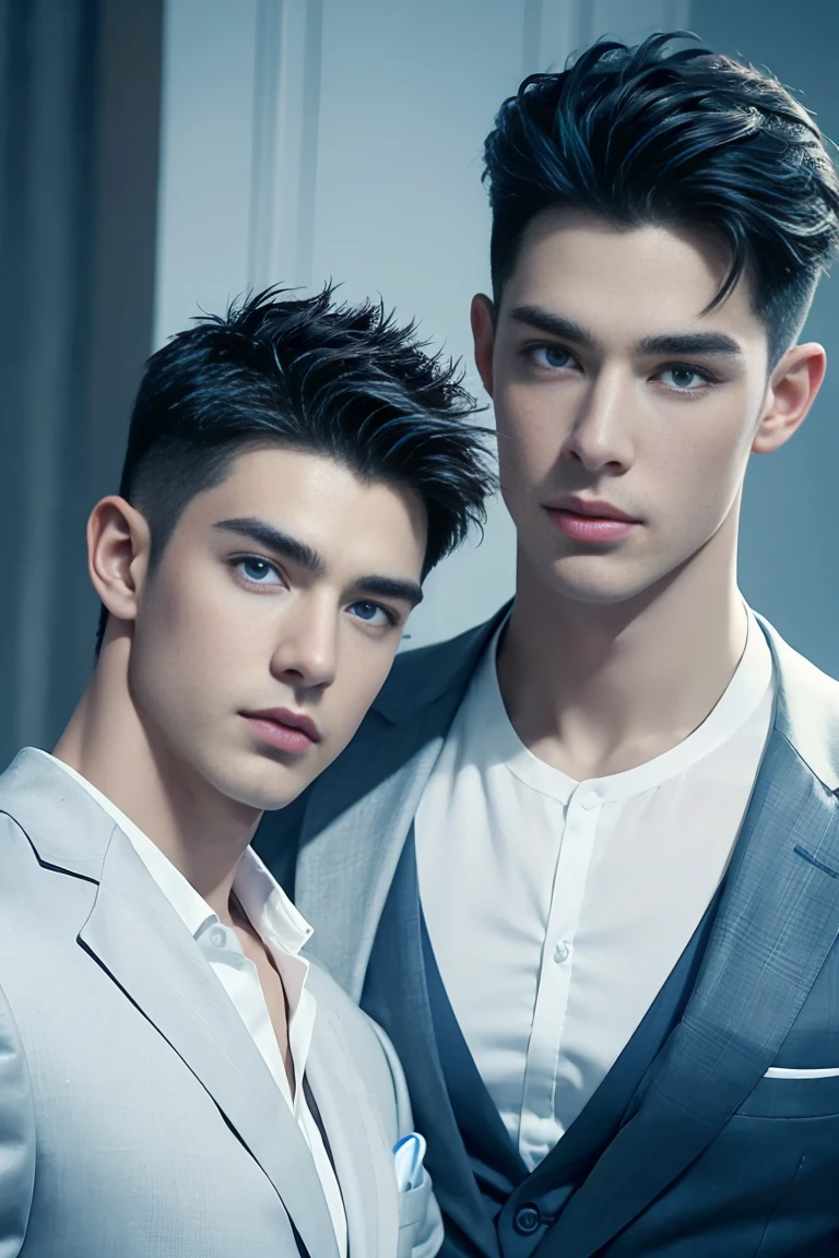 Ultra wide angle，((masterpiece)),((best quality)),8K,High Detail,Very detailed, (2 handsome muscular boys)，Very manly，blue eyes，Stylish short hair，Vivid male image, Fashion pose, masculine expression，Real skin texture, Perfect hand details，Light,
Royal blue style couple，White male model photos