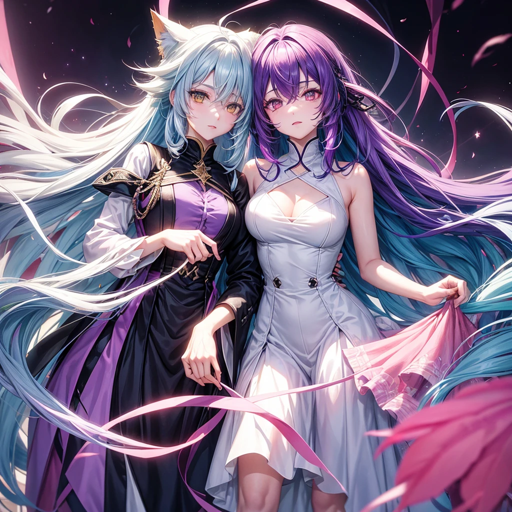 create me a male character with long purple hair yellow eyes especially next to a female character with light blue hair blind white dress with pink