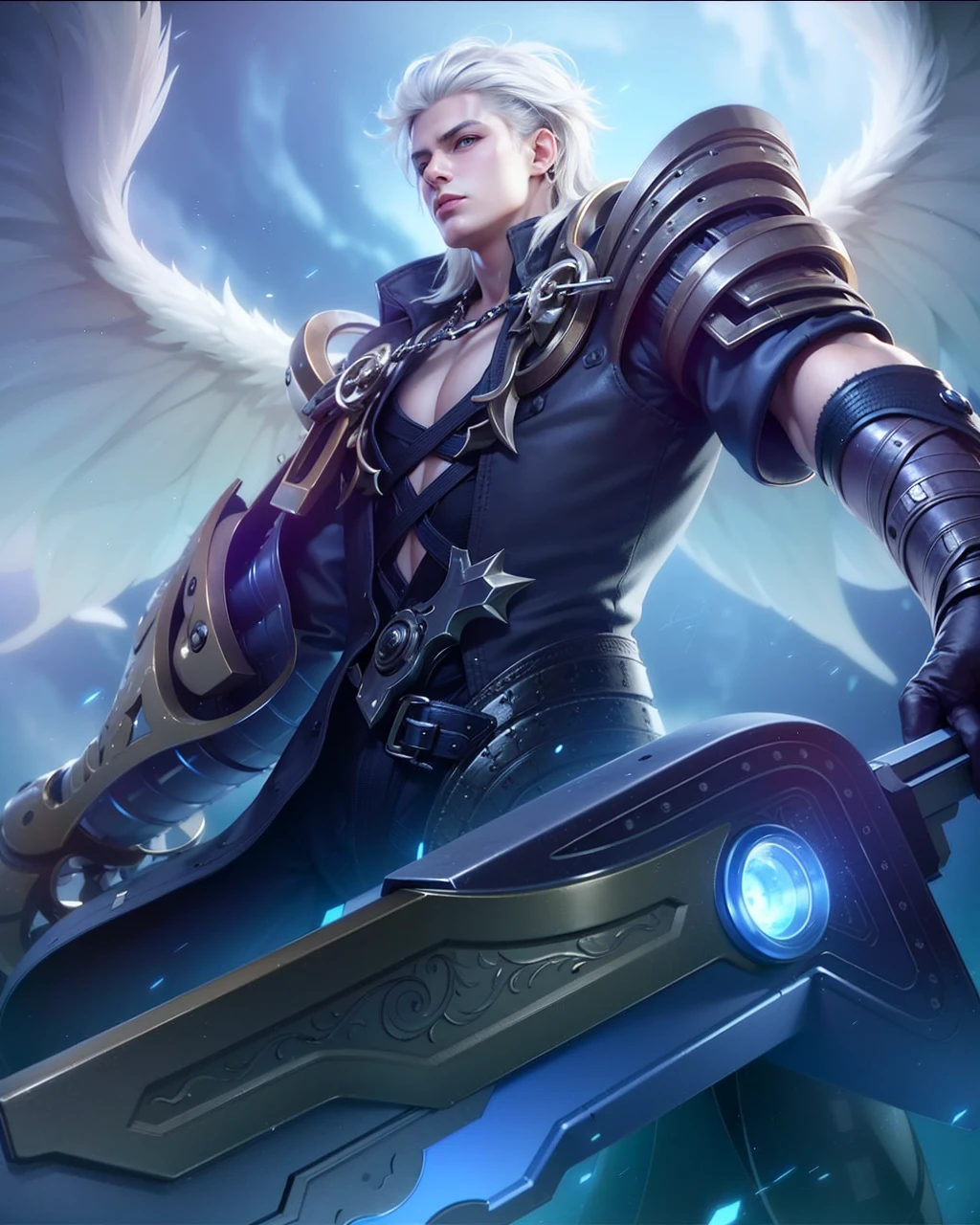 masculine male, masterpiece, ((perfect eyes)) best quality, (semirealism:1.9), beautiful lighting, (extremely detailed CG unity 4k fhd wallpaper), High Detail, Sharp focus, dramatic outdoors, 1 boy ,19 years old, white hair, light purpel eyes, smile.