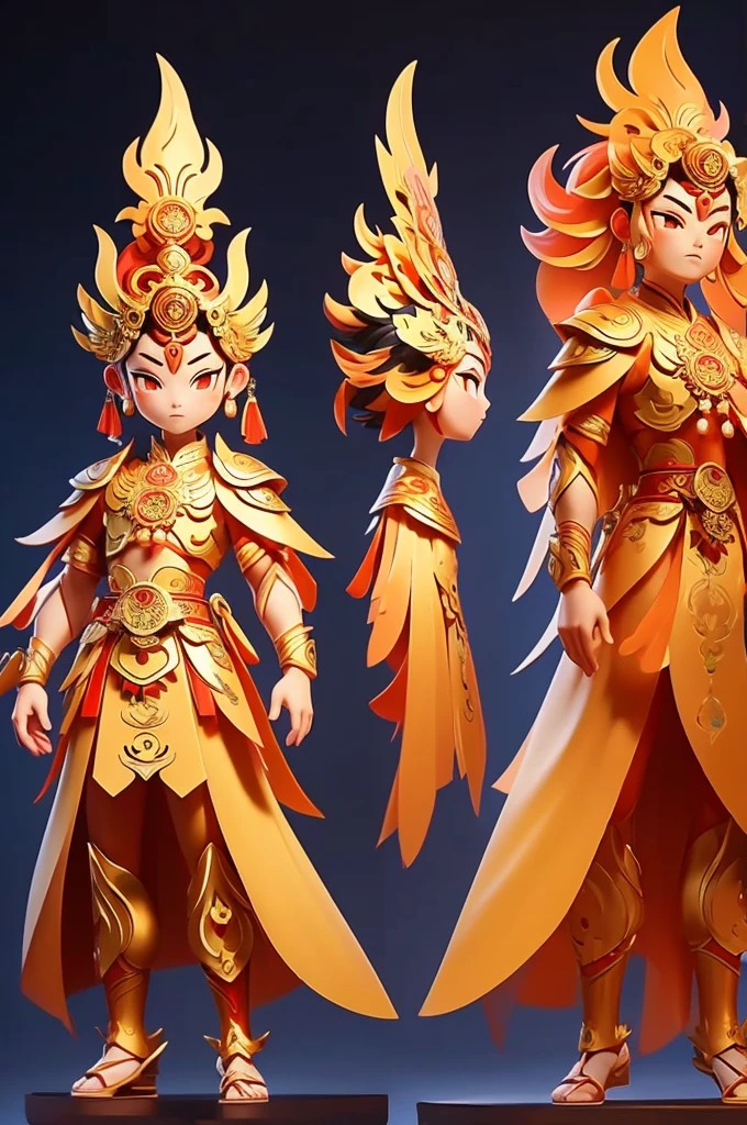 （masterpiece），best quality，An IP character design with traditional Chinese cultural elements。The elements of IP are adopted by Dunhuang Suzaku，The colors and clothing designs are also in the style of Dunhuang。Generate a full-body image of the IP in three views with correct posture。