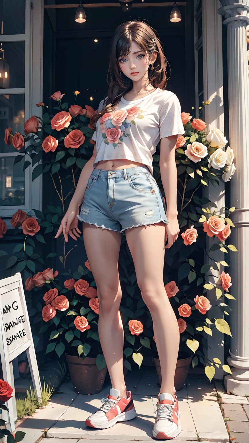 masterpiece, Young and beautiful girl, smile, Looking into the camera, Standing in front of a group of roses, Wearing shorts and a T-shirt, White sneakers. Wear a top and shorts, Flowers, Full body photo, Casual pose, Thin legs