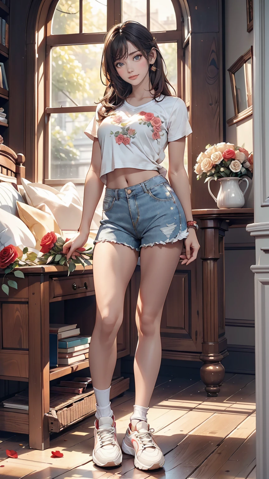 masterpiece, Young and beautiful girl, smile, Looking into the camera, Standing in front of a group of roses, Wearing shorts and a T-shirt, White sneakers. Wear a top and shorts, Flowers, Full body photo, Casual pose, Thin legs