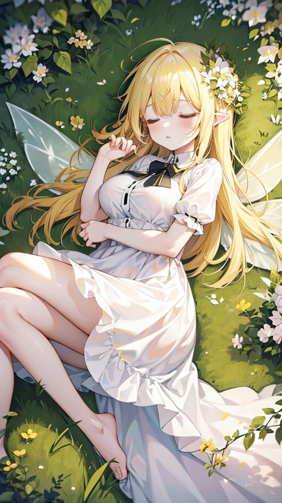 Showing the whole body, Yellow hair, Cute, Baby face, Big breasts, Sleeping, In the forest, White dress, Long hair, Sleeping, 1 person, Small, Fairy wings
