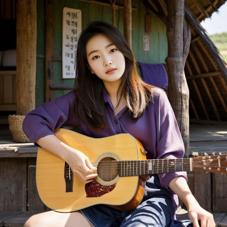 Araffi woman sitting in front of a hut with a guitar, Jae Yeon Nam, Tzuyu from two times, Korean girl, Chinese girl, Jinyoung Shin, Roseanne Park of blackpink, Korean idol, girl playing guitar, gongbi, portrait of female Korean idol, beautiful south korean women, singer-songwriter, Korean artist, Xindong Chen, Wen Feiye