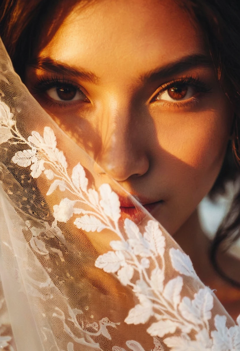A close-up shot of a MagMix Girl's face, framed by a white lace veil attached to a flowing white dress. The warm light of the setting sun reflects in her eyes, filled with a mixture of joy and anticipation. The photo hints at a special occasion, perhaps a wedding vow renewal on the beach