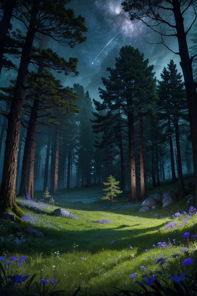a comforting moonlit meadow in a lush forest at night, dark colors, peaceful atmosphere, moonlight, night sky, stars, ancient trees, mossy rocks, long grass, wildflowers, (best quality,4k,8k,highres,masterpiece:1.2),ultra-detailed,(realistic,photorealistic,photo-realistic:1.37),landscape,fantasy,dramatic lighting,moody,cinematic