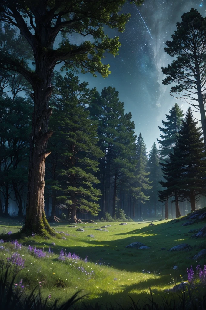 a comforting moonlit meadow in a lush forest at night, dark colors, peaceful atmosphere, moonlight, night sky, stars, ancient trees, mossy rocks, long grass, wildflowers, (best quality,4k,8k,highres,masterpiece:1.2),ultra-detailed,(realistic,photorealistic,photo-realistic:1.37),landscape,fantasy,dramatic lighting,moody,cinematic