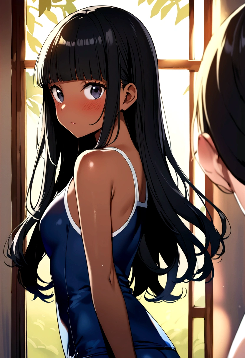 1 person、beach、School swimsuit、Sunburn、Tan Skin、Embarrassed、1 person、Navy blue school swimwear、blunt bangs、Black Hair、super fine illustration,(((beautiful fine hair))),(((beautiful fine face))),(((beautiful fine background))),Midsummer、beachBlack Hair、blunt bangs、Cross-eyed