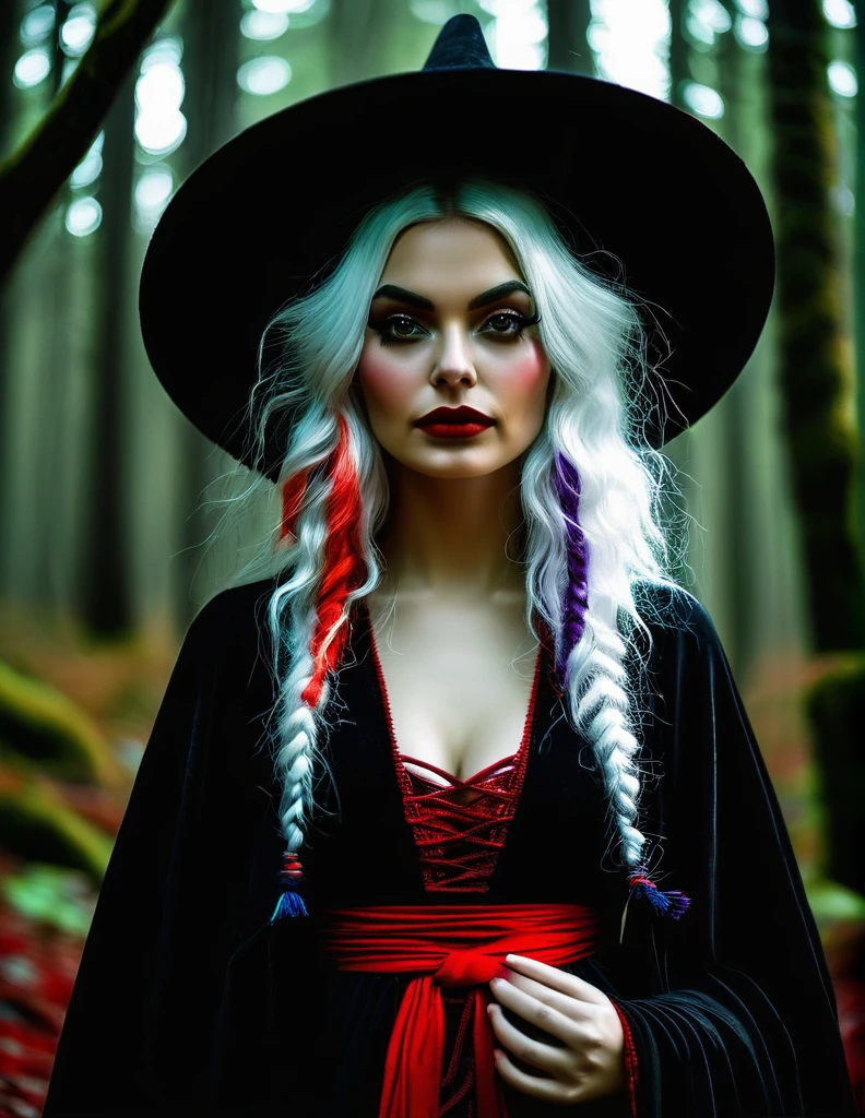 Witch with a black robe and colorful details. Her hair is white and red. 
She stands in a dark forest 