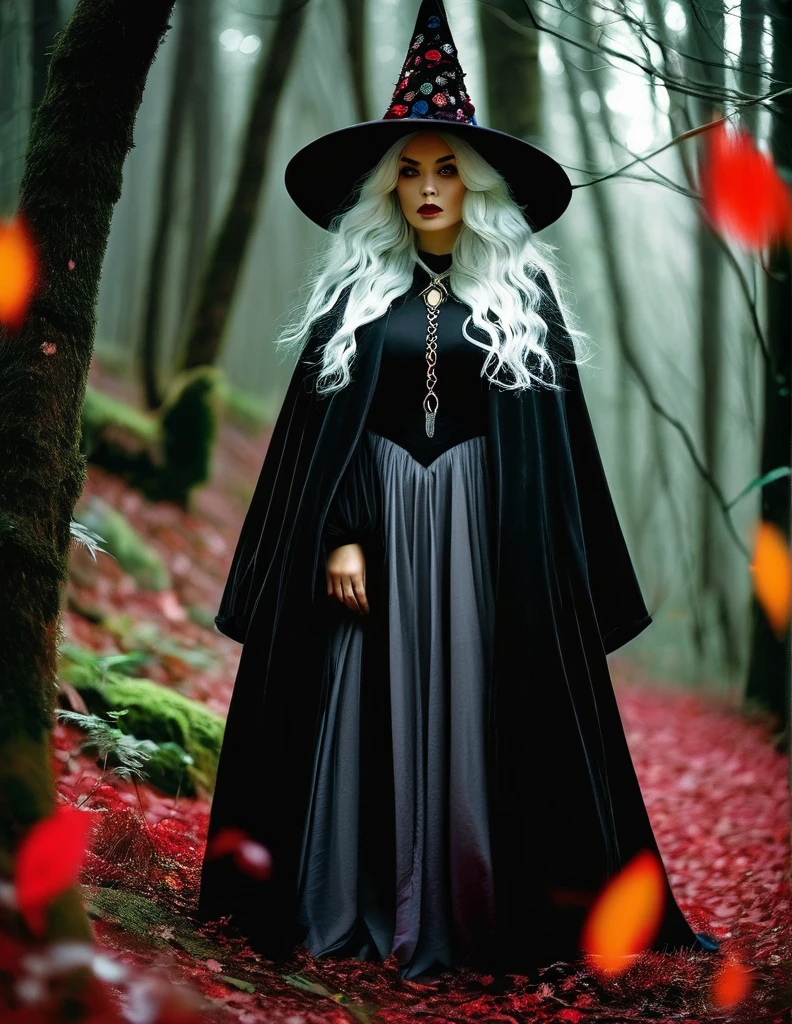 Witch with a black robe and colorful details. Her hair is white and red.
She stands in a dark forest