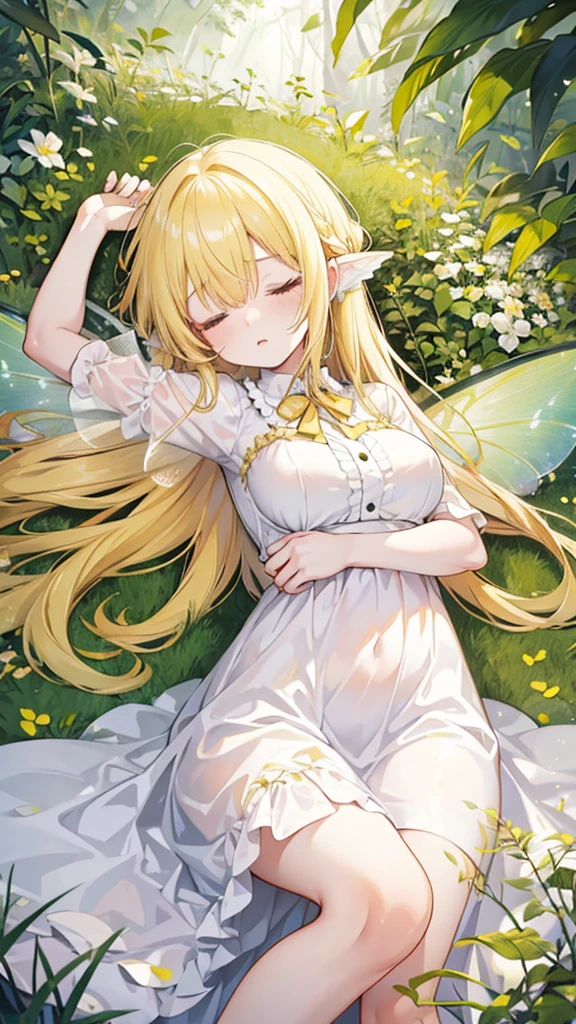 Showing the whole body, Yellow hair, Cute, Baby face, Big breasts, Sleeping, In the forest, White dress, Long hair, Sleeping, 1 person, Small, Fairy wings