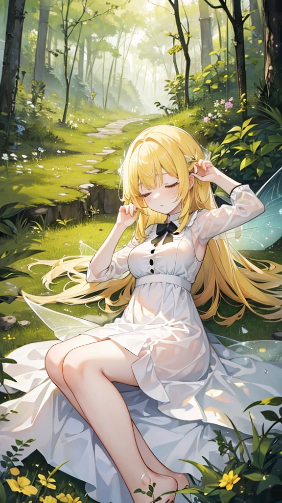 Showing the whole body, Yellow hair, Cute, , Big breasts, Sleeping, In the forest, White dress, Long hair, Sleeping, 1 person, Small, Fairy wings