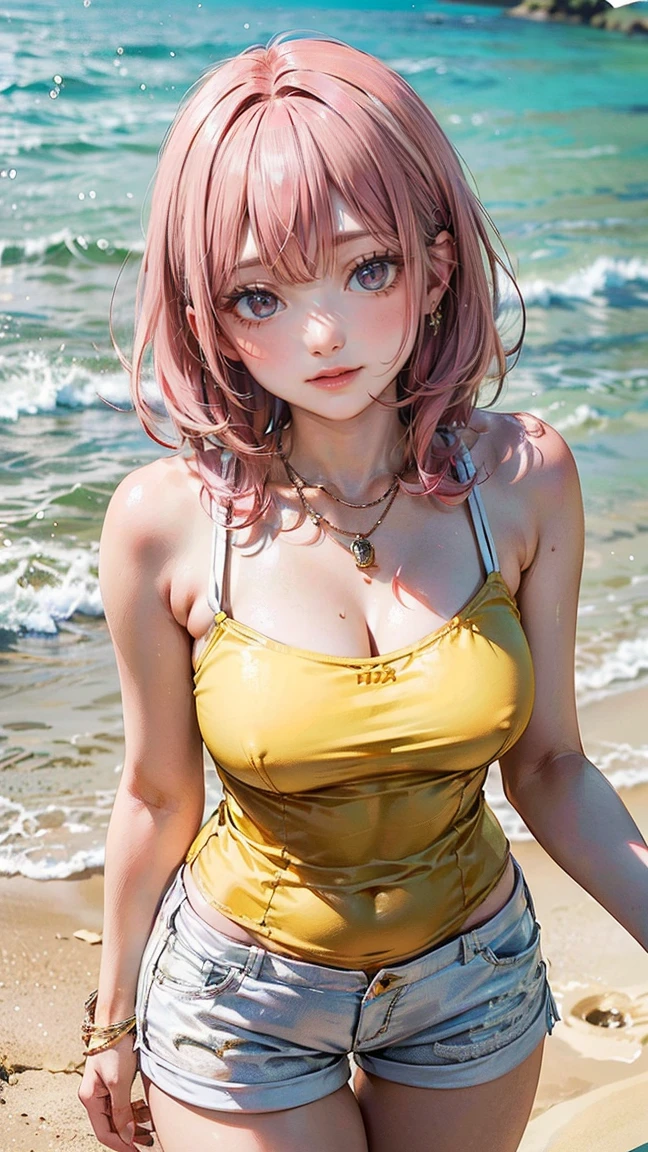 (Masterpiece, BestQuality:1.3), (ultra detailed:1.2), (hyperrealistic:1.3), (RAW photo:1.2), High detail RAW color photo, professional photograph, (Photorealistic:1.4), (realistic:1.4), professional lighting, perfect anatomy, (Big Breasts:1.2), (blush, detailed face), (cheerful Smile:1.5), Trending Hair&Trending Hairカラーをランダムに, earrings, necklace, bracelet, sexly, erotic sexly, Random sexy gravure poses, (A beautiful pink-haired woman wearing a yellow camisole and white shorts、She is smiling and posing sexy while playing in the sand on the beach.。: 1.3)