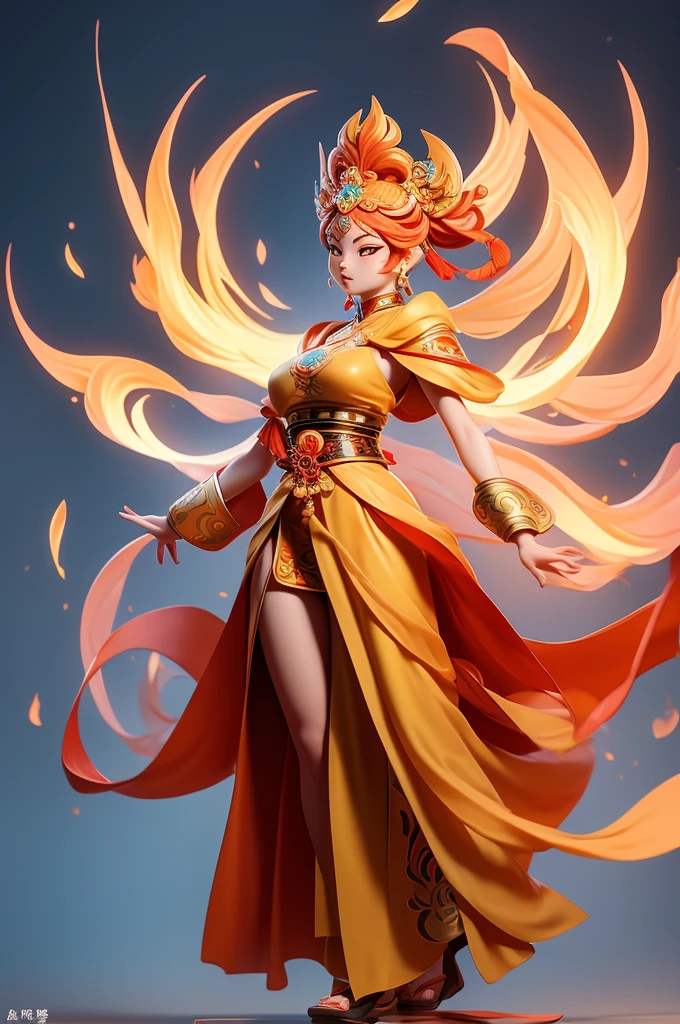 （masterpiece），best quality，An IP female character design with traditional Chinese cultural elements。The elements of IP are adopted by Dunhuang Suzaku，The colors and clothing designs are also in the style of Dunhuang。Generate full-body IP images with correct posture。