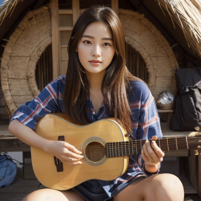 Araffi woman sitting in front of a hut with a guitar, Jae Yeon Nam, Tzuyu from two times, Korean girl, Chinese girl, Jinyoung Shin, Roseanne Park of blackpink, Korean idol, girl playing guitar, gongbi, portrait of female Korean idol, beautiful south korean women, singer-songwriter, Korean artist, Xindong Chen, Wen Feiye