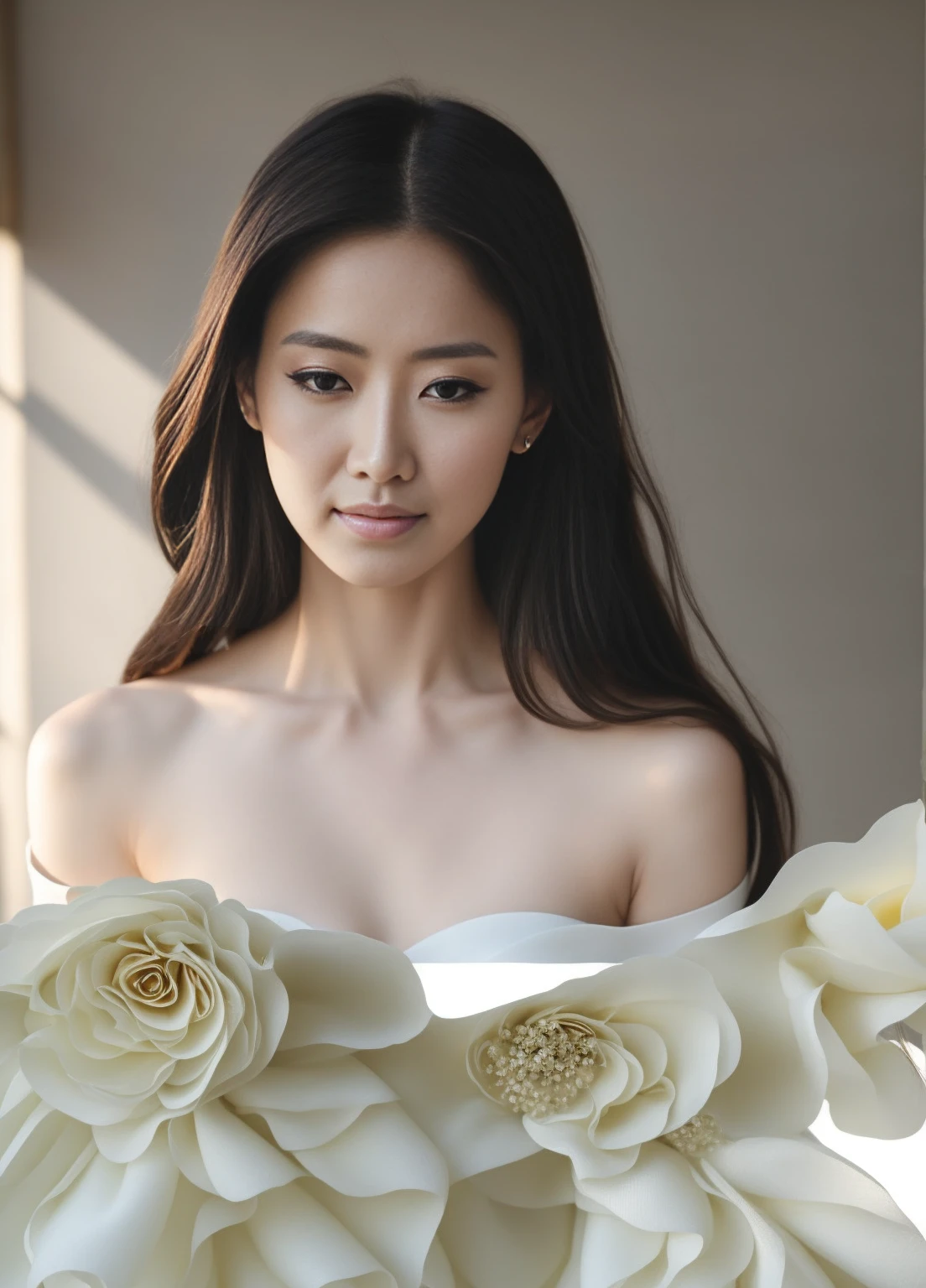pink background, arafed woman in a white dress with large flowers on her dress,, inspired by Liu Haisu, made of silk paper, robe. extremely high details, floral couture, inspired by Ruan Jia, flowing gown, dressed beautiful gown, intricate gown, sha xi, inspired by Huang Ji, inspired by Wen Jia, yanjun chengt, an intricate dress