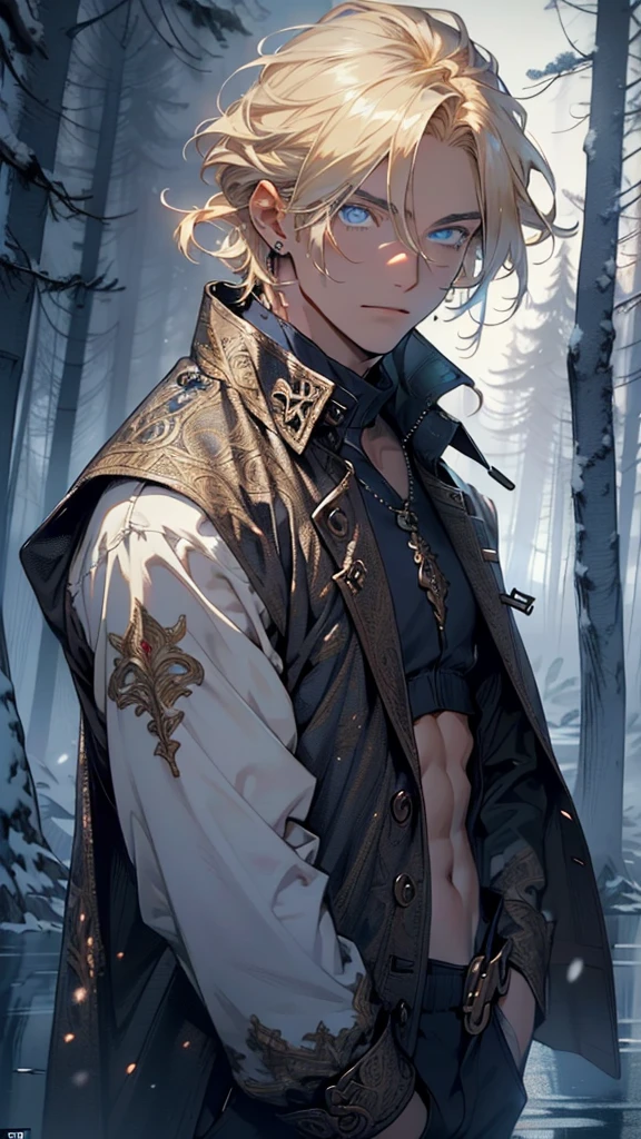 young man,male,light modern clothes,18 years old,(blonde hair:1.2),short detailed hair,(((blue_eyes:1.3))),intricate eyes,beautiful detailed eyes,symmetrical eyes,big eyes:1.5, handsome man,
man:1.5,1 man,(male,muscle,1boy, 1 boy,pectoral,man chest, muscular),young,((1male,1 male,1man,man,male gender:1.5,handsome man,male focus)),perfect face,nice hair style,perfect proportions,((detailed face)),
expressive eyes,serious face,evil eyes,
(ultra-detailed:1.3),beautiful detailed glow,finely detailed,ultra-detailed,
(bulge on pants),Sweatshirt,sweater,(navel),(snowflake necklace), winter clothes,(((intricate outfit,intricate clothes,embroidered outfit,ornate outfit,embroidered clothes,ornate clothes))),(((crystal outfit,trench coat))),
(dynamic pose:1.0),serious and thoughtful,man embarrassed,(centered,scale to fit dimensions,Rule of thirds),
((snowy pine forest at night, dark forest, swamp, murky water, foggy, creepy aura, eerie atmosphere)),with dark stormy clouds,winter,scenery:1.25,intricate scenery,((snow forest background)),Christmas tree,
(Glossy winter ornaments),highres,sharp focus,(ultra detailed,extremely detailed),(photorealistic artwork:1.37),(extremely detailed CG unity 8k wallpaper),(((vibrant colors,vibrant theme))),(intricate),(masterpiece),(best quality),