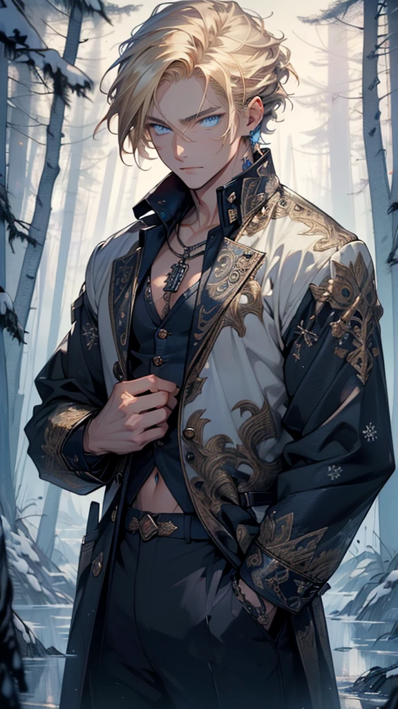 young man,male,light modern clothes,18 years old,(blonde hair:1.2),short detailed hair,(((blue_eyes:1.3))),intricate eyes,beautiful detailed eyes,symmetrical eyes,big eyes:1.5, handsome man,
man:1.5,1 man,(male,muscle,1boy, 1 boy,pectoral,man chest, muscular),young,((1male,1 male,1man,man,male gender:1.5,handsome man,male focus)),perfect face,nice hair style,perfect proportions,((detailed face)),
expressive eyes,serious face,evil eyes,
(ultra-detailed:1.3),beautiful detailed glow,finely detailed,ultra-detailed,
(bulge on pants),Sweatshirt,sweater,(navel),(snowflake necklace), winter clothes,(((intricate outfit,intricate clothes,embroidered outfit,ornate outfit,embroidered clothes,ornate clothes))),(((crystal outfit,trench coat))),
(dynamic pose:1.0),serious and thoughtful,man embarrassed,(centered,scale to fit dimensions,Rule of thirds),
((snowy pine forest at night, dark forest, swamp, murky water, foggy, creepy aura, eerie atmosphere)),with dark stormy clouds,winter,scenery:1.25,intricate scenery,((snow forest background)),Christmas tree,
(Glossy winter ornaments),highres,sharp focus,(ultra detailed,extremely detailed),(photorealistic artwork:1.37),(extremely detailed CG unity 8k wallpaper),(((vibrant colors,vibrant theme))),(intricate),(masterpiece),(best quality),