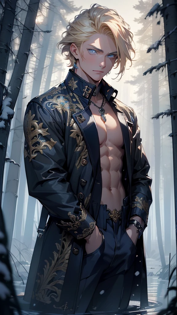 young man,male,light modern clothes,18 years old,(blonde hair:1.2),short detailed hair,(((blue_eyes:1.3))),intricate eyes,beautiful detailed eyes,symmetrical eyes,big eyes:1.5, handsome man,
man:1.5,1 man,(male,muscle,1boy, 1 boy,pectoral,man chest, muscular),young,((1male,1 male,1man,man,male gender:1.5,handsome man,male focus)),perfect face,nice hair style,perfect proportions,((detailed face)), 

expressive eyes,serious face,evil eyes,

(ultra-detailed:1.3),beautiful detailed glow,finely detailed,ultra-detailed, 

(bulge on pants),Sweatshirt,sweater,(navel),(snowflake necklace), winter clothes,(((intricate outfit,intricate clothes,embroidered outfit,ornate outfit,embroidered clothes,ornate clothes))),(((crystal outfit,trench coat))),

(dynamic pose:1.0),serious and thoughtful,man embarrassed,(centered,scale to fit dimensions,Rule of thirds),

((snowy pine forest at night, dark forest, swamp, murky water, foggy, creepy aura, eerie atmosphere)),with dark stormy clouds,winter,scenery:1.25,intricate scenery,((snow forest background)),Christmas tree,

(Glossy winter ornaments),highres,sharp focus,(ultra detailed,extremely detailed),(photorealistic artwork:1.37),(extremely detailed CG unity 8k wallpaper),(((vibrant colors,vibrant theme))),(intricate),(masterpiece),(best quality),
