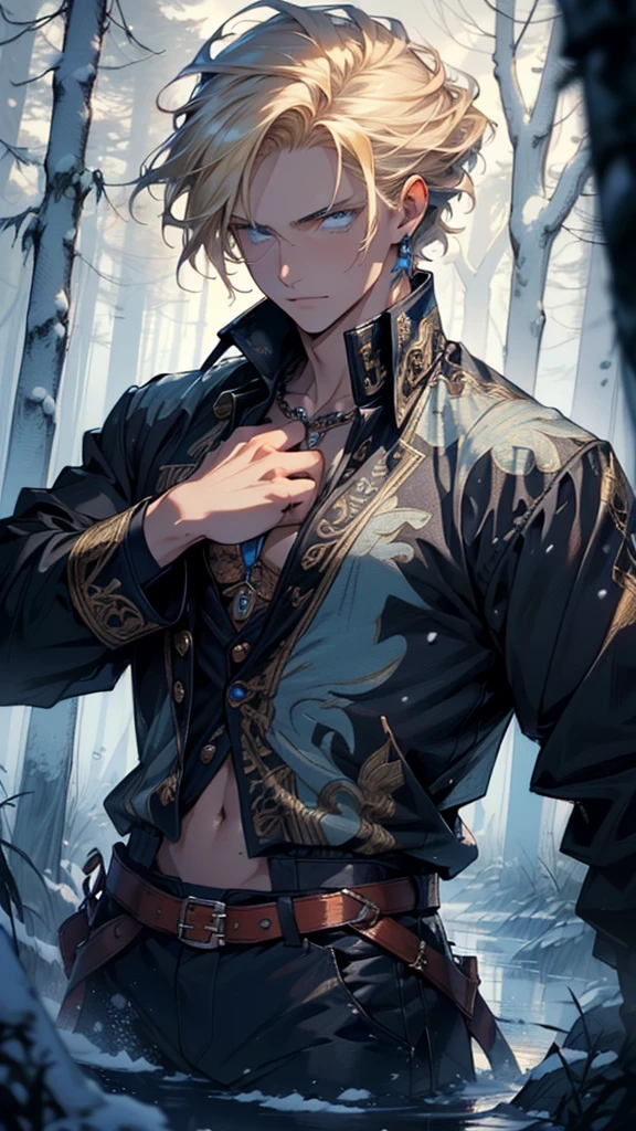 young man,male,light modern clothes,18 years old,(blonde hair:1.2),short detailed hair,(((blue_eyes:1.3))),intricate eyes,beautiful detailed eyes,symmetrical eyes,big eyes:1.5, handsome man,
man:1.5,1 man,(male,muscle,1boy, 1 boy,pectoral,man chest, muscular),young,((1male,1 male,1man,man,male gender:1.5,handsome man,male focus)),perfect face,nice hair style,perfect proportions,((detailed face)),
expressive eyes,serious face,evil eyes,
(ultra-detailed:1.3),beautiful detailed glow,finely detailed,ultra-detailed,
(bulge on pants),Sweatshirt,sweater,(navel),(snowflake necklace), winter clothes,(((intricate outfit,intricate clothes,embroidered outfit,ornate outfit,embroidered clothes,ornate clothes))),(((crystal outfit,trench coat))),
(dynamic pose:1.0),serious and thoughtful,man embarrassed,(centered,scale to fit dimensions,Rule of thirds),
((snowy pine forest at night, dark forest, swamp, murky water, foggy, creepy aura, eerie atmosphere)),with dark stormy clouds,winter,scenery:1.25,intricate scenery,((snow forest background)),Christmas tree,
(Glossy winter ornaments),highres,sharp focus,(ultra detailed,extremely detailed),(photorealistic artwork:1.37),(extremely detailed CG unity 8k wallpaper),(((vibrant colors,vibrant theme))),(intricate),(masterpiece),(best quality),
