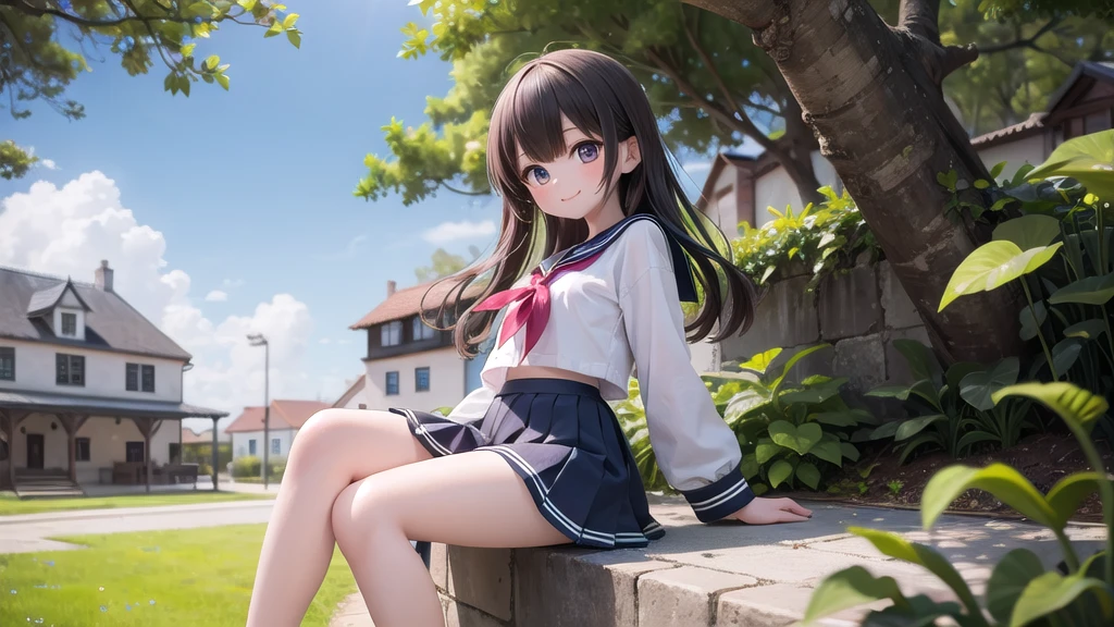 (masterpiece),  town,  blue sky,  One girl,  smile,  alone,  Sailor suit、Below the knee skirt,  Overgrown,  petal,  plant、Skirt lining、Translucent slip