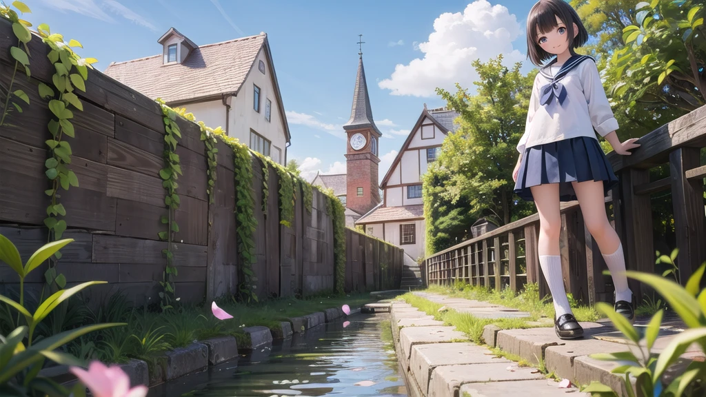 (masterpiece), town, blue sky, One girl, smile, alone, Sailor suit、Below the knee skirt, Overgrown, petal, plant、Skirt lining、Translucent slip