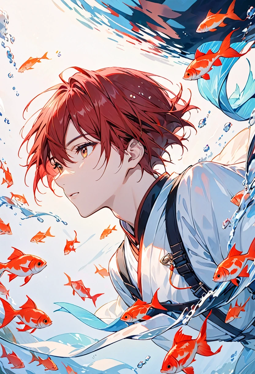 Boy swimming underwater,超详细of渲染风格,glow,close up,of,蓝色of,brush,闪亮of眼睛,Red hair,夸张of视角,Holographic Tyndall,水of虹彩,Background black,fish,