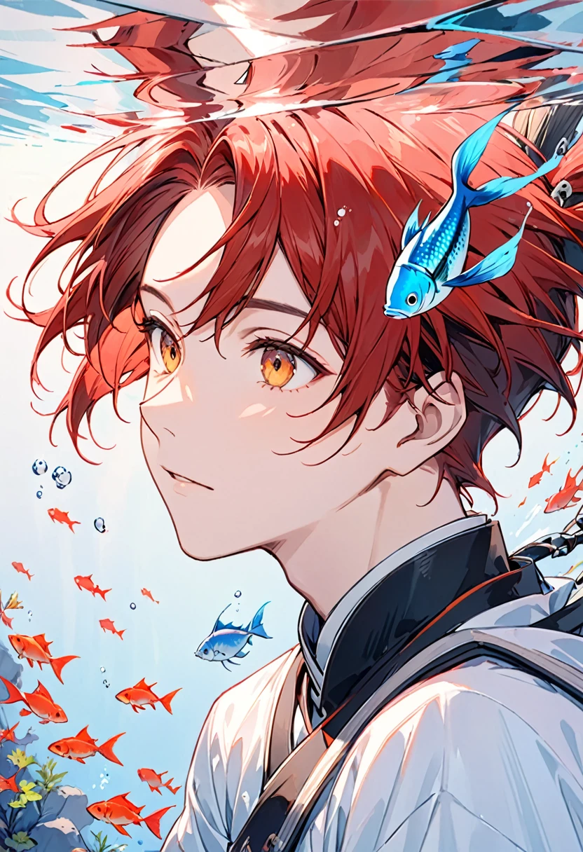 Boy swimming underwater,超详细of渲染风格,glow,close up,of,蓝色of,brush,闪亮of眼睛,Red hair,夸张of视角,Holographic Tyndall,水of虹彩,Background black,fish,