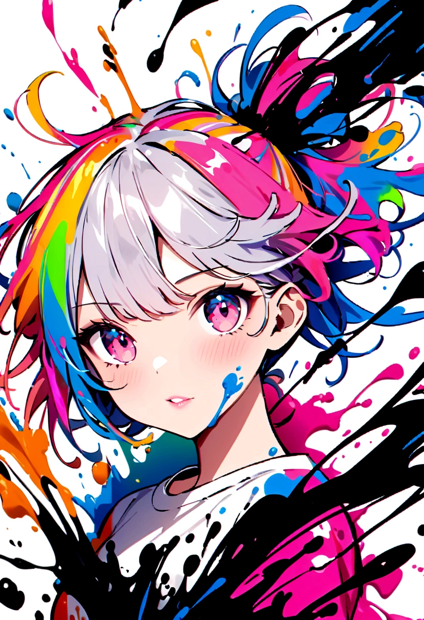 (masterpiece, Highest quality, High resolution), White Background, ((Paint splashes, Color Splash, Ink splash, Color Splash)), Kind Chinese girl, Rainbow Hair, Pink Lips, front, Upper Body