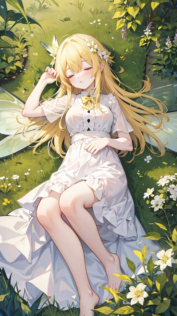 Showing the whole body, Yellow hair, Cute, Baby face, Big breasts, Sleeping, In the forest, White dress, Long hair, Sleeping, 1 person, Small, Fairy wings
