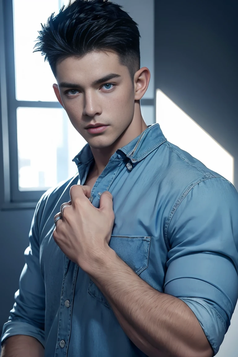 Ultra wide angle,((masterpiece)),((best quality)),8K,High Detail,Very detailed, 2 handsome muscular boys,Very manly,blue eyes,Stylish short hair,Vivid male image, Fashion pose, masculine expression,Real skin texture, Perfect and realistic hand details,Light,
Royal blue style couple,White male model photos