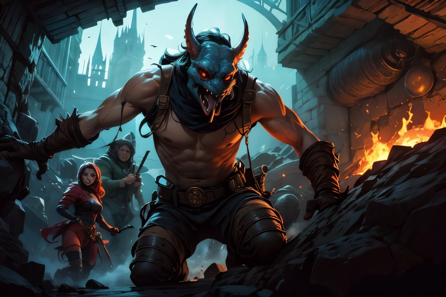 Dark Fantasy RPG Scene、Monsters ambush adventurers in the dungeon、It has eyes, a large mouth, fangs, and a long red tongue sticking out.、Horror、Manga style、Detailed fantasy creatures、Dramatic lighting、Cinematic composition、Dynamic action poses、4K、Very detailed、Photorealistic、mimico