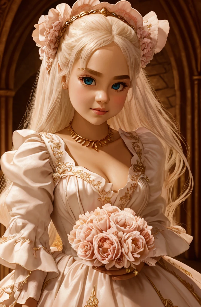 White Blonde hair, fluffy hair, stylish hair, long hair, lilac eyes, perfect eyes, beautiful, perfect face, tween, dainty , short, kind, curvy, a flowing pale airy gown with ruffles along the bottom with tiny pink flowers and gold dragon embroideries with flowers, Her tiara had a pretty teal gemstones, silver necklace, noble class, royal, royalty, red castle, feasting hall, medieval, elegant surroundings, soft dewy makeup look, light peach blush, soft tan eyeshadow, light coral lipstick, cutesy, girlish, girly, guileless, ingénue, princess , whimsical lighting, Targaryen, dragons in the sky, photorealistic