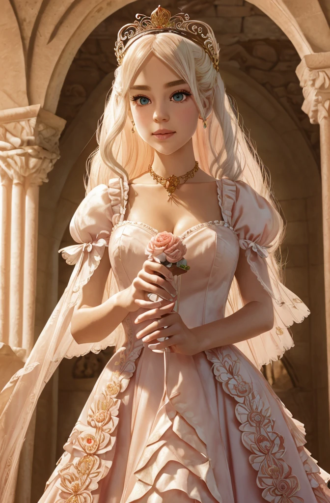 White Blonde hair, fluffy hair, stylish hair, long hair, lilac eyes, perfect eyes, beautiful, perfect face, tween, dainty , short, kind, curvy, a flowing pale airy gown with ruffles along the bottom with tiny pink flowers and gold dragon embroideries with flowers, Her tiara had a pretty teal gemstones, silver necklace, noble class, royal, royalty, red castle, feasting hall, medieval, elegant surroundings, soft dewy makeup look, light peach blush, soft tan eyeshadow, light coral lipstick, cutesy, girlish, girly, guileless, ingénue, princess , whimsical lighting, Targaryen, dragons in the sky, photorealistic