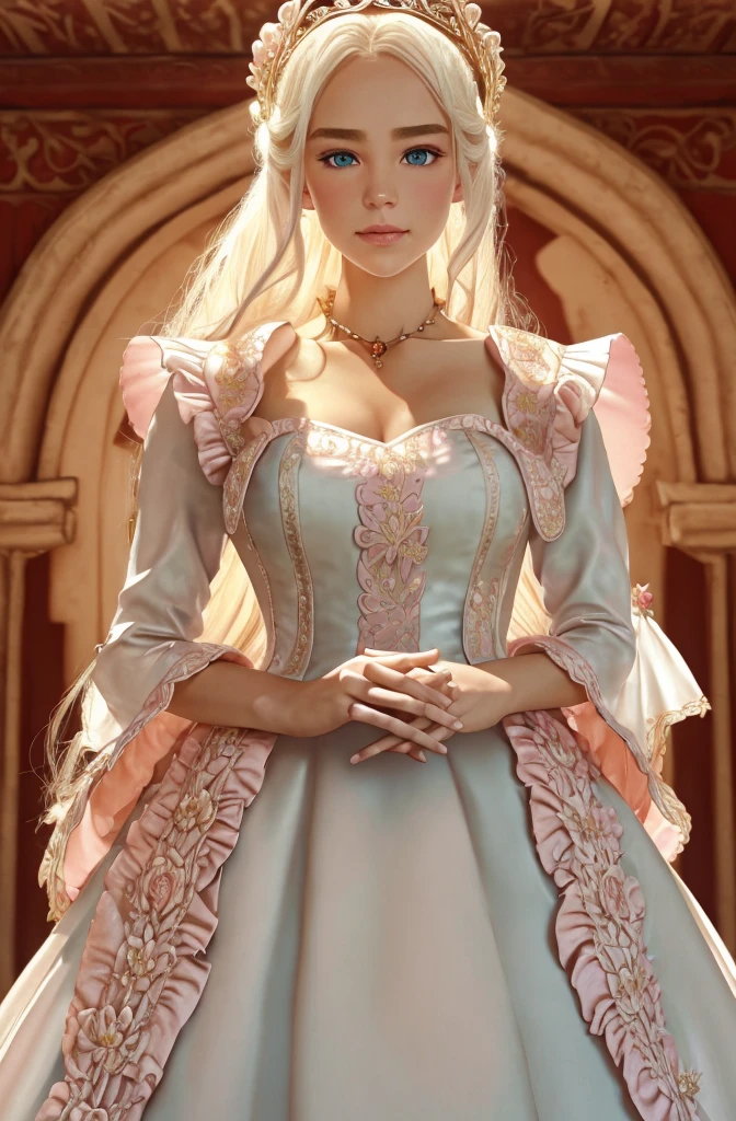 White Blonde hair, fluffy hair, stylish hair, long hair, lilac eyes, perfect eyes, beautiful, perfect face, tween, dainty , short, kind, curvy, a flowing pale airy gown with ruffles along the bottom with tiny pink flowers and gold dragon embroideries with flowers, Her tiara had a pretty teal gemstones, silver necklace, noble class, royal, royalty, red castle, feasting hall, medieval, elegant surroundings, soft dewy makeup look, light peach blush, soft tan eyeshadow, light coral lipstick, cutesy, girlish, girly, guileless, ingénue, princess , whimsical lighting, Targaryen, dragons in the sky, photorealistic