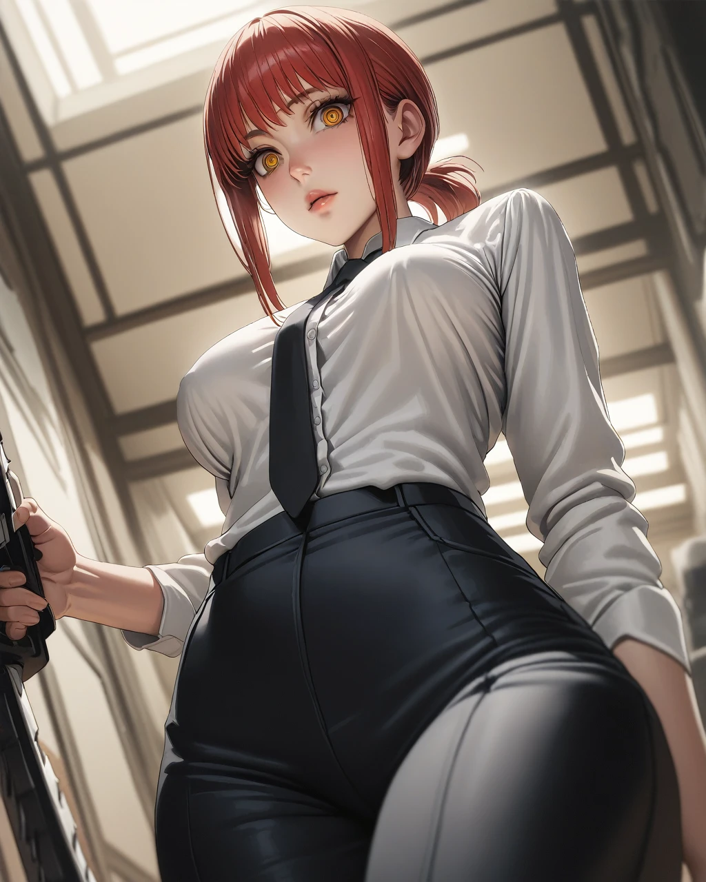 Makima (chainsaw_man), solo, chainsaw_man, 1girl, red_hair, medium_hair, ((ringed_eyes)), yellow_eyes, braided_ponytail [suit], white shirt, black tie, office background, indoors, formal, medium_breasts, (official art), fantasy, masterpiece, best quality, (highres), absurdres, beautiful face, beautiful body, symmetrical face, gorgeous, deep eyes, realistic shaded, stunning, intricate, hyper-detailed, highly detailed, sharp, smooth, sharp focus, realistic, anime, manga
Standing, ((best quality)),((highly detailed)),((perfect anatomy)), masterpiece,scenery,intricately detailed, hyperdetailed, blurry background, depth of field, best quality, intricate details, tonemapping, sharp focus, hyper detailed, high 1res, ((at midnight)),((in old office )),makima (chainsaw man),gold pupil ,ponytail, collared shirt,large breast, black pants,from below, looking viewer
