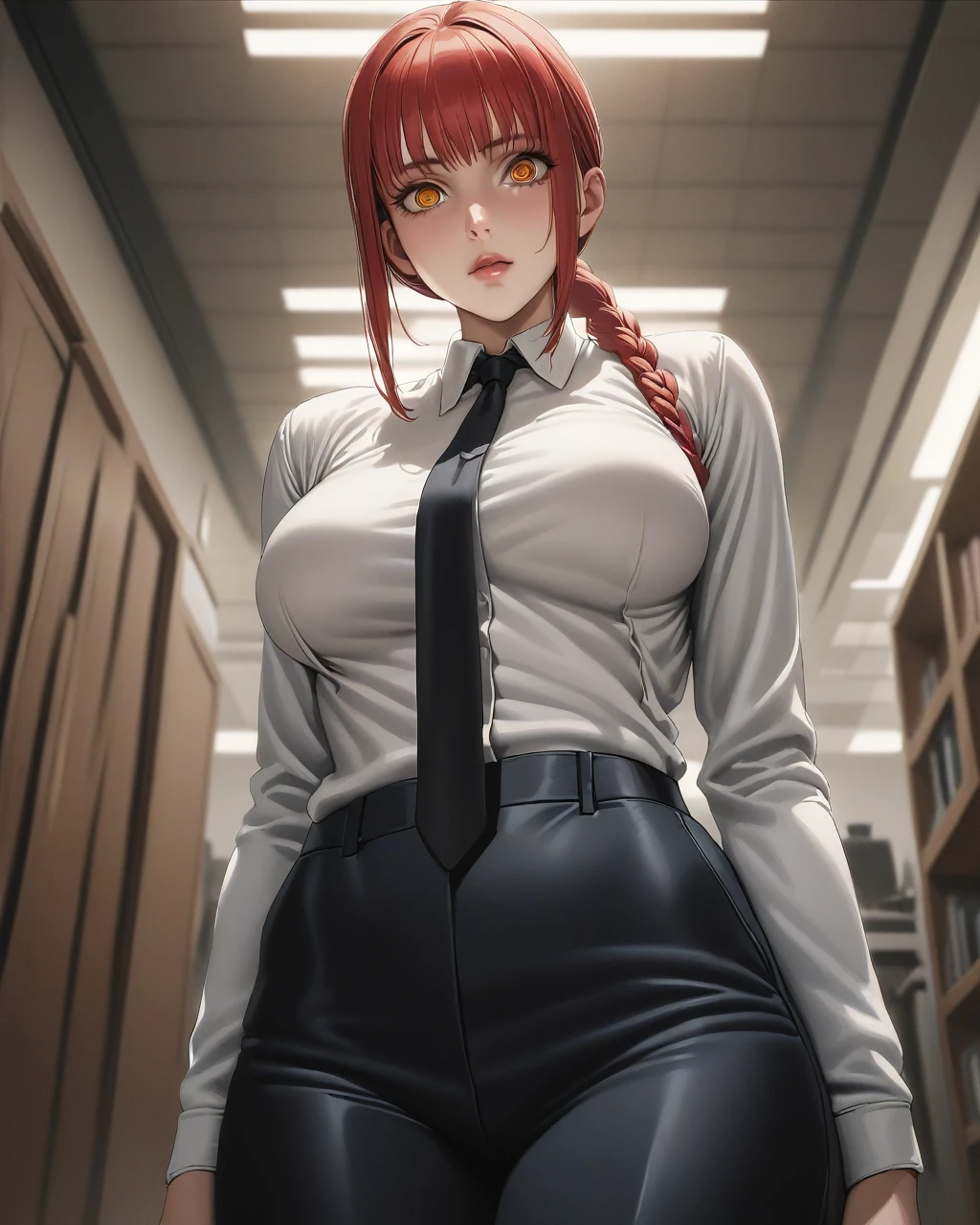 Makima (chainsaw_man), solo, chainsaw_man, 1girl, red_hair, medium_hair, ((ringed_eyes)), yellow_eyes, braided_ponytail [suit], white shirt, black tie, office background, indoors, formal, medium_breasts, (official art), fantasy, masterpiece, best quality, (highres), absurdres, beautiful face, beautiful body, symmetrical face, gorgeous, deep eyes, realistic shaded, stunning, intricate, hyper-detailed, highly detailed, sharp, smooth, sharp focus, realistic, anime, manga
Standing, ((best quality)),((highly detailed)),((perfect anatomy)), masterpiece,scenery,intricately detailed, hyperdetailed, blurry background, depth of field, best quality, intricate details, tonemapping, sharp focus, hyper detailed, high 1res, ((at midnight)),((in old office )),makima (chainsaw man),gold pupil ,ponytail, collared shirt,large breast, black pants,from below, looking viewer
