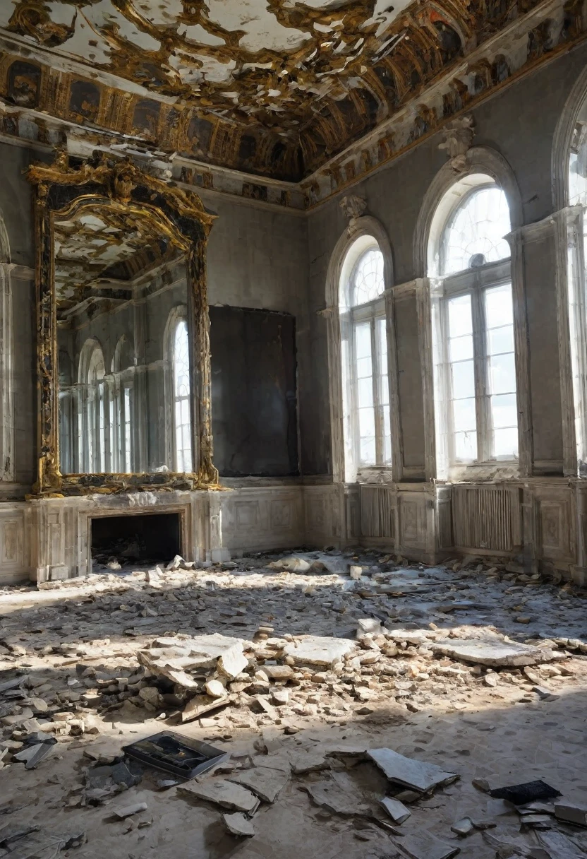 A large room destroyed by time, where a large mirror remains covering an entire wall of the room