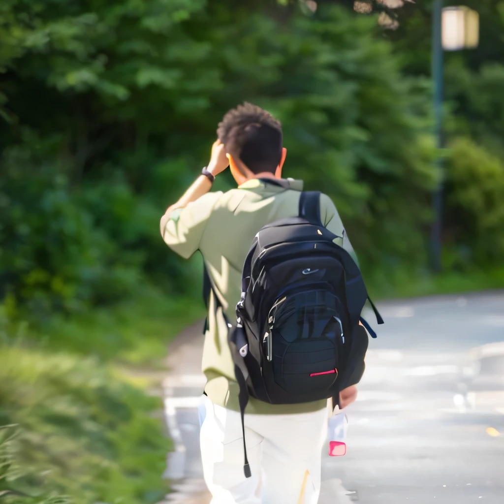 there is a man walking down the road with a Backpack on his back, with a Backpack, a man wearing a Backpack, the man have a Backpack, Shot with Canon 80D, Backpack, Shot with Canon EOS 5D, Back to camera, People in the foreground, Carry daily, a Backpack, Shot with Canon EOS 5D mark iv