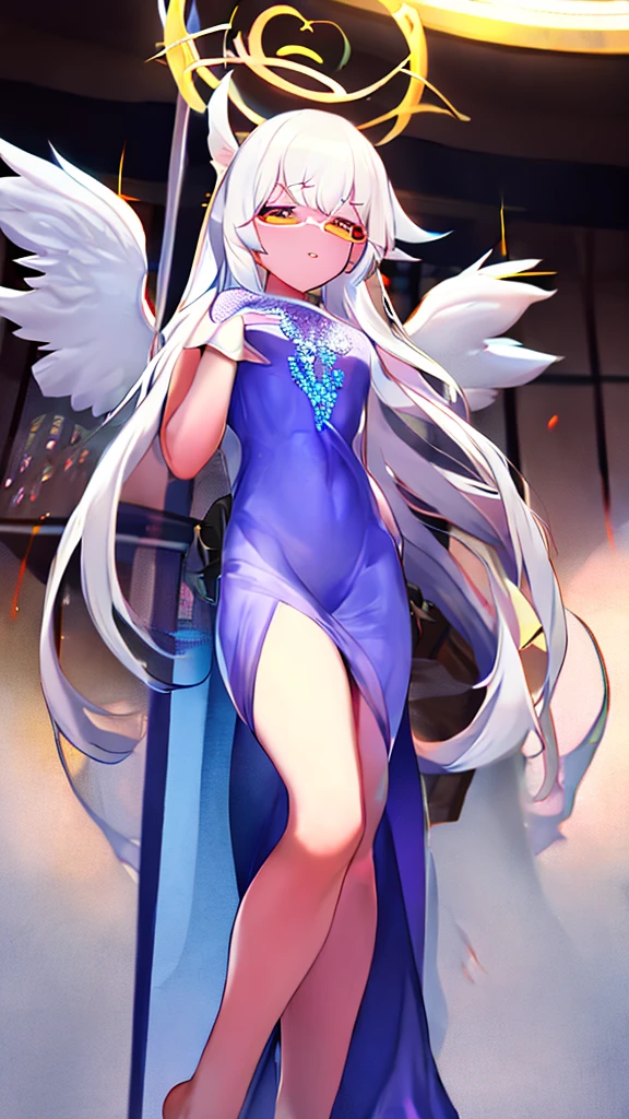 A 20-year-old female angel with long, white hair, yellow eyes, white cat ears, and large white angel wings. yellow halo ring round white glasses Sexy white, leg length evening dress. Stand and look down, hand touching lips.