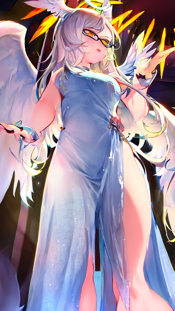 A 20-year-old female angel with long, white hair, yellow eyes, white cat ears, and large white angel wings. yellow halo ring round white glasses Sexy white, leg length evening dress. Stand and look down, hand touching lips.