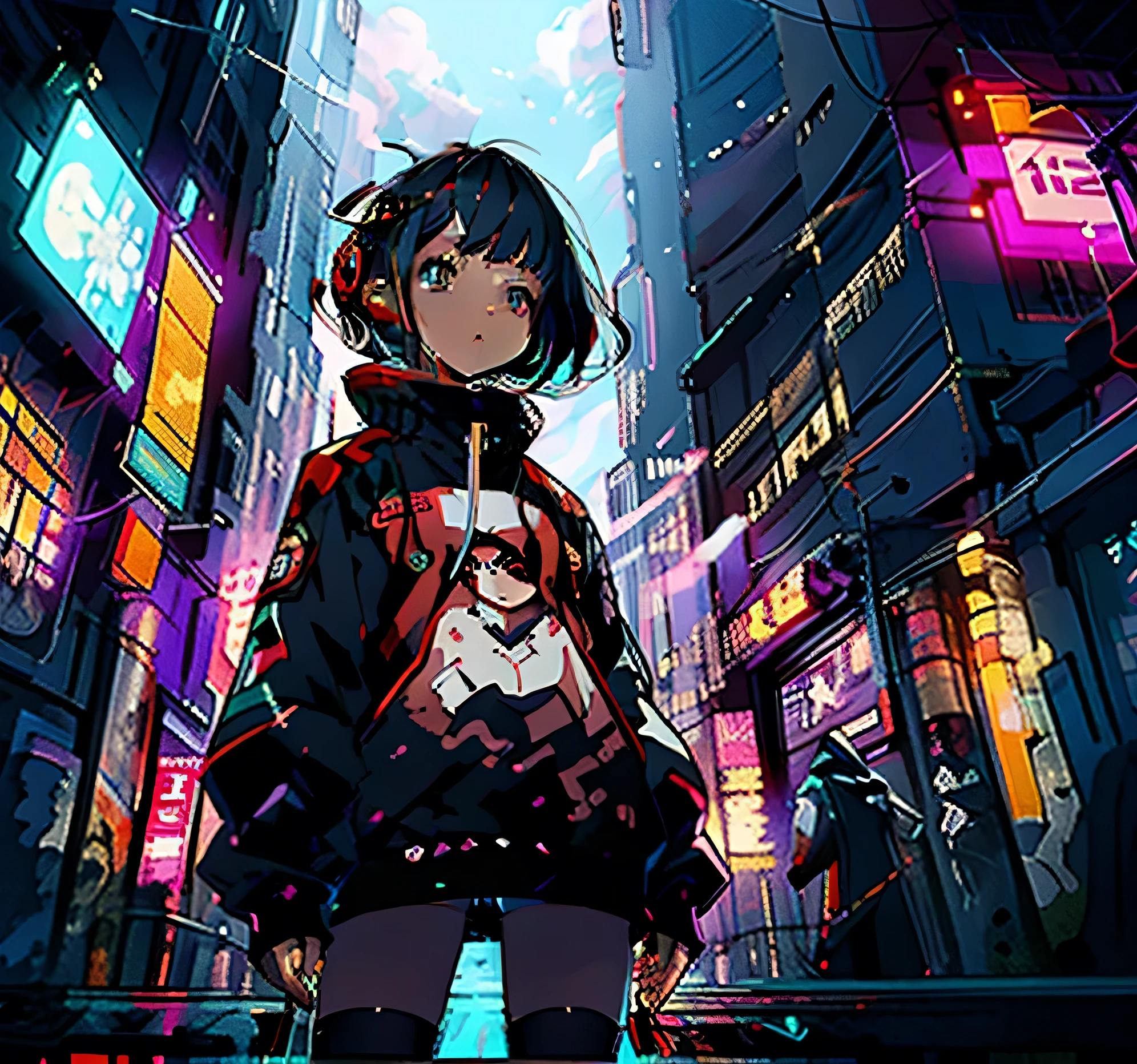 headphones、Cinematographic lighting、Urban background、Neo Gal、Sanpaku eyes、Neon street in the background、Black eye、Jersey style clothes、Genki Woman、full bodyesbian、bob、、Building Street、Near future、the wind、Korean-style clothing、natta、Kpop Idol