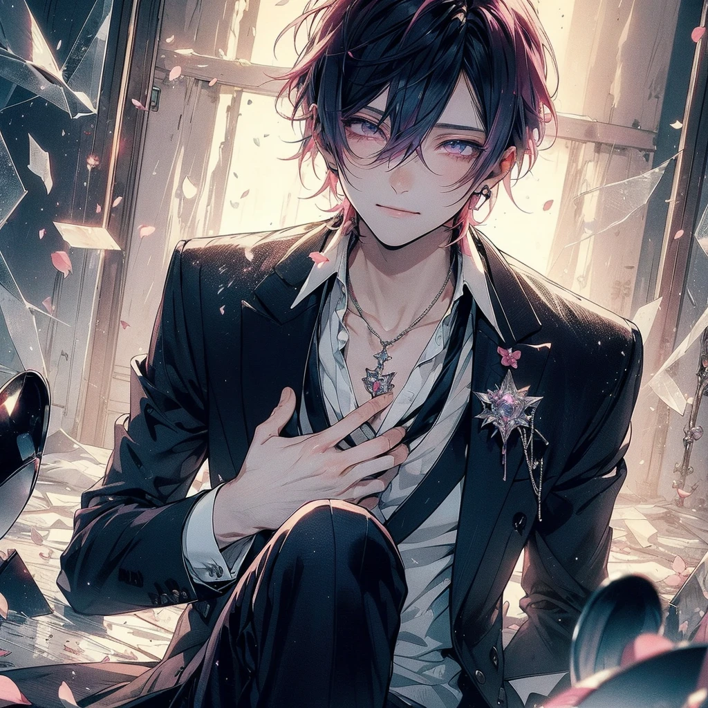 Beautiful young man, pink hair, red and purple Eyes, Elegant but disheveled formal attire, Sitting on the floor, Hug your knees, Smile even though you shed tears, sparkling broken heart pendant, powder々A dim room with a shattered mirror, An overhead view of scattered petals, Tears like subtle raindrops and a soft glow around the character.