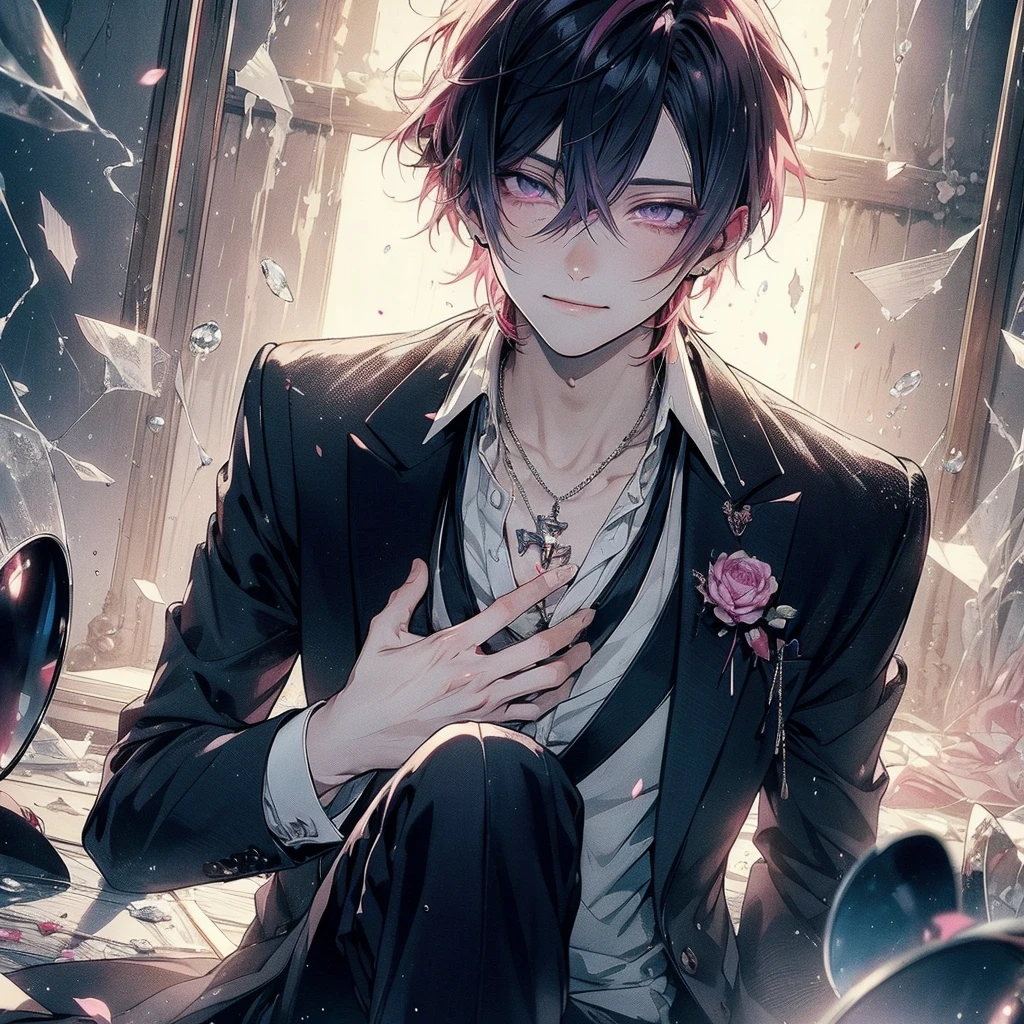 Beautiful young man, pink hair, red and purple Eyes, Elegant but disheveled formal attire, Sitting on the floor, Hug your knees, Smile even though you shed tears, sparkling broken heart pendant, powder々A dim room with a shattered mirror, An overhead view of scattered petals, Tears like subtle raindrops and a soft glow around the character.