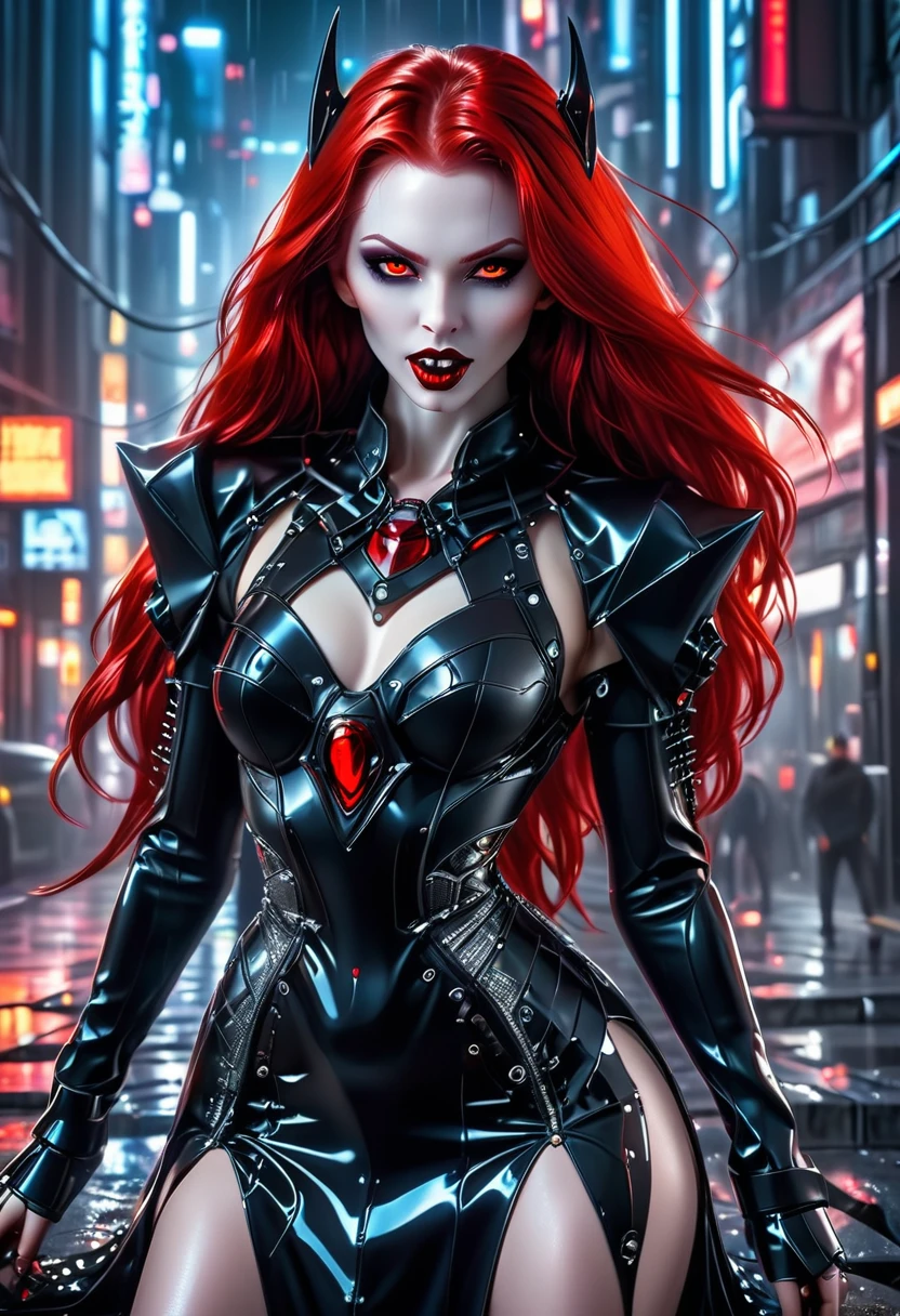 ((a photorealistic glamour shot of an exquisite, glamour mecha female vampire: 1.5)), ((full body: 1.3)), ultra feminine, pale face, red hair, long vibrant shiny hair, glamorous hair,  red eyes, miniatures mechanical , deep penetrating eyes, red lips, lustful lips, ((two visible vampiric fangs: 1.5), drops of blood dripping from the mouth, ((cyberpunk style: 1.5)), she wears (black elegant liquid, glamour dress, with small delicate mechanical parts: 1.4), digital parts,  intricate details, the dress is studded with diamonds, tight suit, dynamic color, high heels, cyberpunk street at night background, (highest quality:1.2, Very detailed, up to date, Vibrant, Ultra-high resolution, High Contrast, masterpiece:1.2, highest quality, Best aesthetics), best details, best quality, highres, ultra wide angle, 16k, [ultra detailed], masterpiece, best quality, (extremely detailed), Genetically modified..., Cinematic Hollywood Film, nijimecha, liquid dress