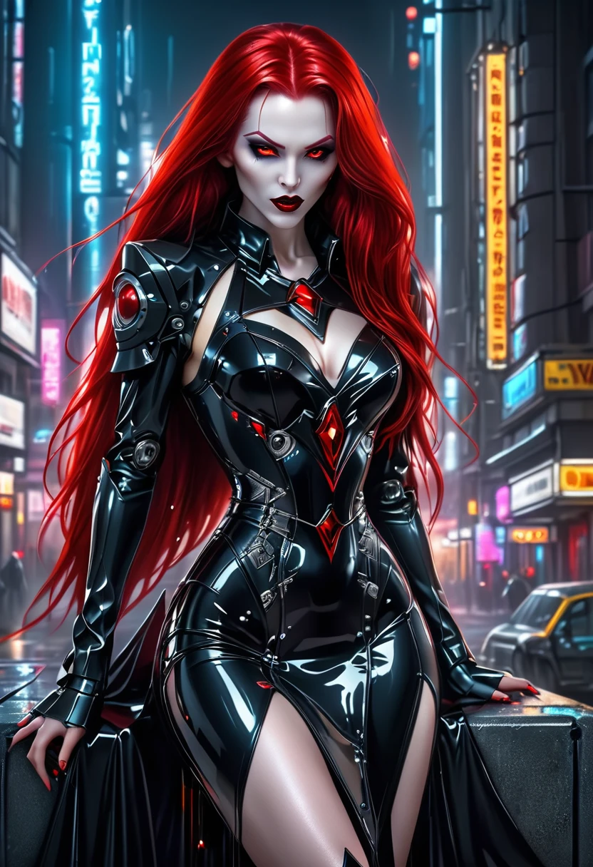 ((a photorealistic glamour shot of an exquisite, glamour mecha female vampire: 1.5)), ((full body: 1.3)), ultra feminine, pale face, red hair, long vibrant shiny hair, glamorous hair,  red eyes, miniatures mechanical , deep penetrating eyes, red lips, lustful lips, ((two visible vampiric fangs: 1.5), drops of blood dripping from the mouth, ((cyberpunk style: 1.5)), she wears (black elegant liquid, glamour dress, with small delicate mechanical parts: 1.4), digital parts,  intricate details, the dress is studded with diamonds, tight suit, dynamic color, high heels, cyberpunk street at night background, (highest quality:1.2, Very detailed, up to date, Vibrant, Ultra-high resolution, High Contrast, masterpiece:1.2, highest quality, Best aesthetics), best details, best quality, highres, ultra wide angle, 16k, [ultra detailed], masterpiece, best quality, (extremely detailed), Genetically modified..., Cinematic Hollywood Film, nijimecha, liquid dress